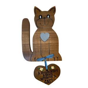 VTG Hand Carved Hand Painted Wood Cat Wall Hanging Country Blue Heart